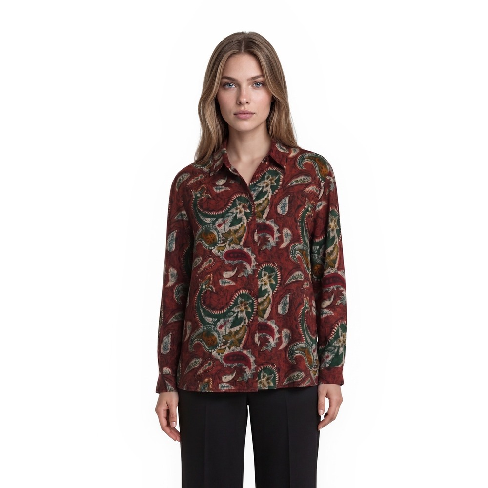 Oscar de la Renta 100% Silk Blouse Women's Medium Red Paisley Vintahe Top 80s